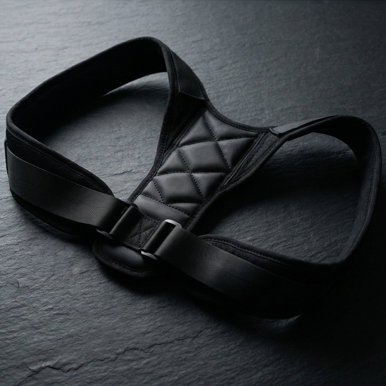 Black quilted sandal on a dark background